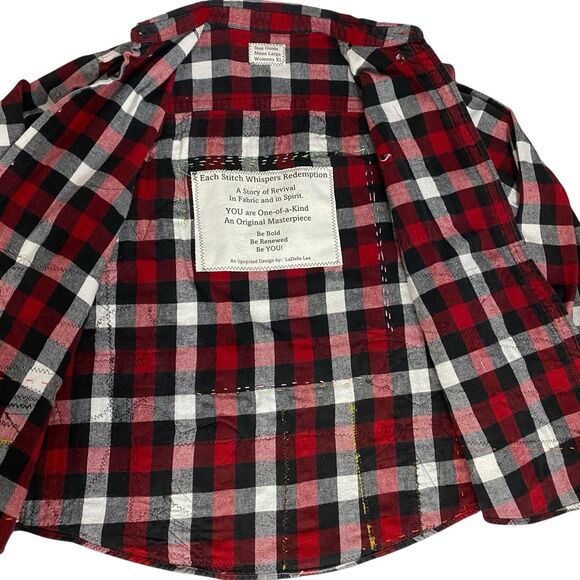 Upcycled Flannel Shirt Shacket Womens XL Betty Boop Grunge Patchwork Folk Art - Picture 11 of 16
